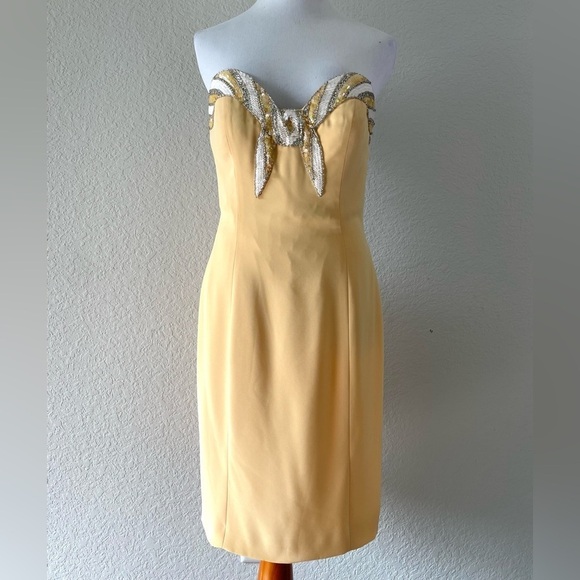 Vintage Butter Yellow Oleg Cassini BlackTie Cocktail Dress Size 6 - Picture 2 of 7